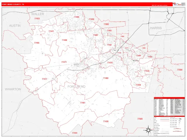 Fort Bend County, TX ZIP Code Wall Map, RedLine style