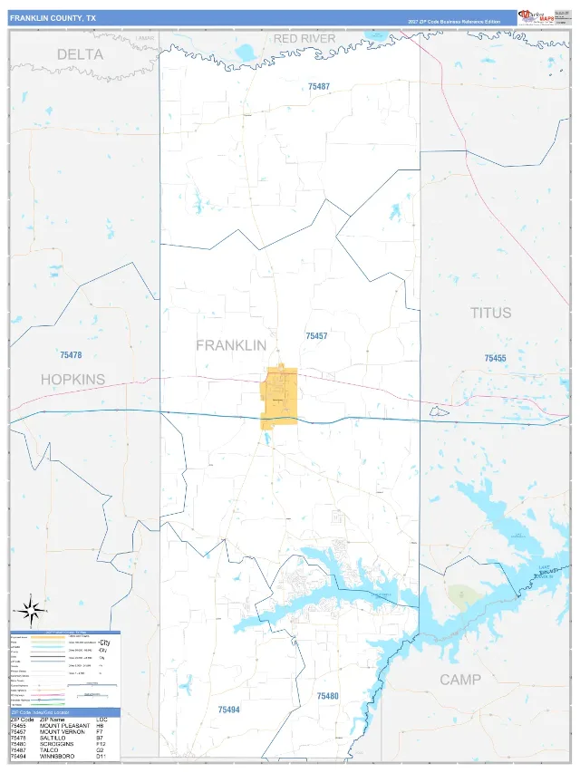 Franklin County, TX ZIP Code Wall Map, Business Reference style