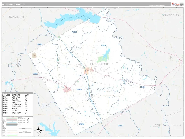 Freestone County, TX ZIP Code Wall Map, Classic style
