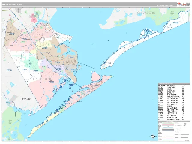 Galveston County, TX ZIP Code Wall Map, Classic style