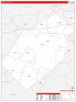 Gonzales County, TX RedLine style ZIP Code wall map