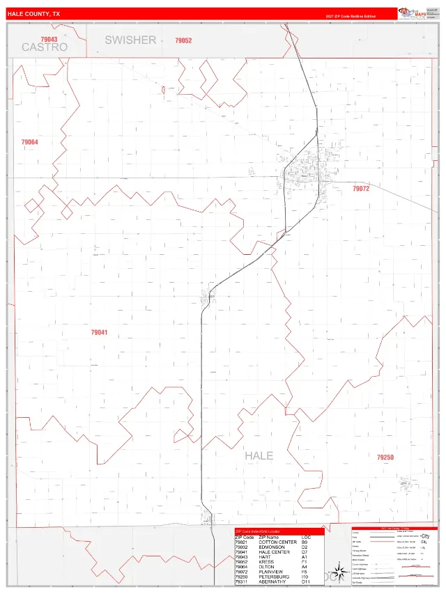 Hale County, TX ZIP Code Wall Map, RedLine style