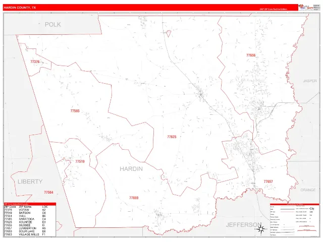 Hardin County, TX ZIP Code Wall Map, RedLine style