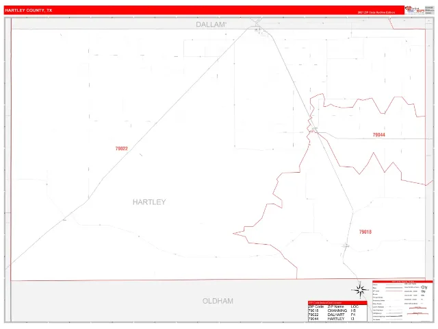 Hartley County, TX ZIP Code Wall Map, RedLine style