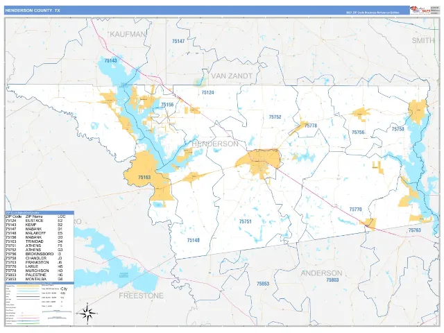 Henderson County, TX ZIP Code Wall Map, Business Reference style