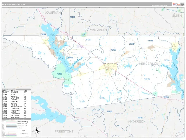 Henderson County, TX ZIP Code Wall Map, Classic style