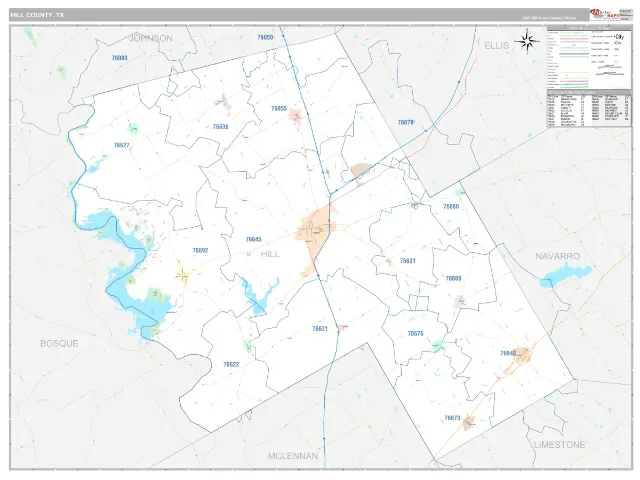 Hill County, TX ZIP Code Wall Map, Classic style