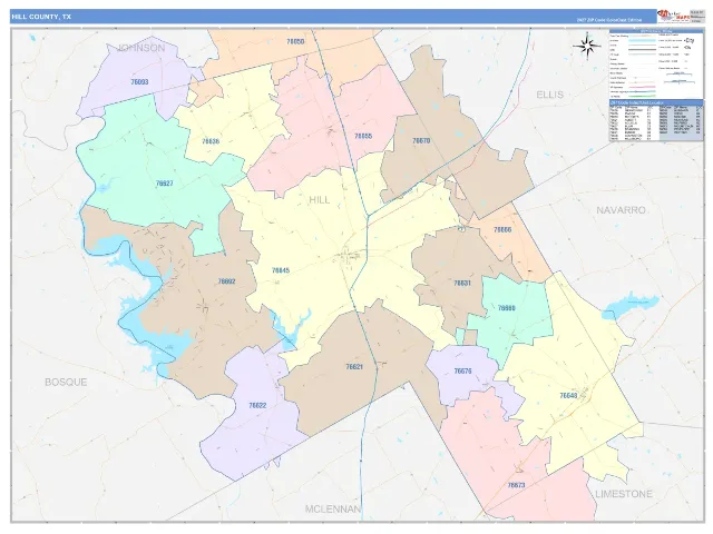 Hill County, TX ZIP Code Wall Map, ColorCast style