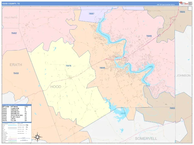 Hood County, TX ZIP Code Wall Map, ColorCast style