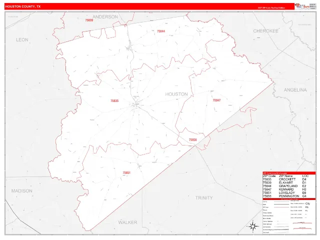 Houston County, TX ZIP Code Wall Map, RedLine style