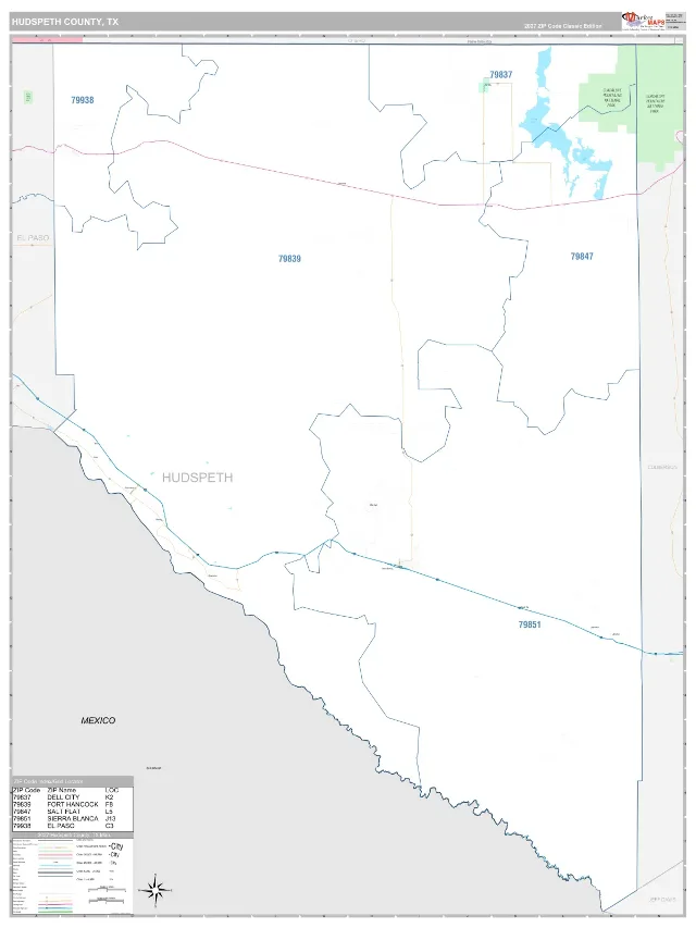 Hudspeth County, TX ZIP Code Wall Map, Classic style