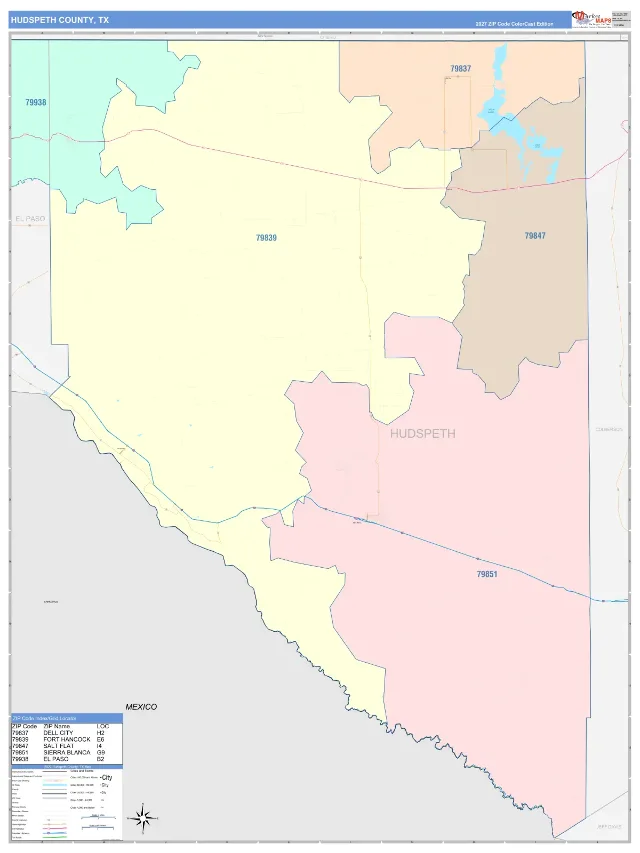 Hudspeth County, TX ZIP Code Wall Map, ColorCast style