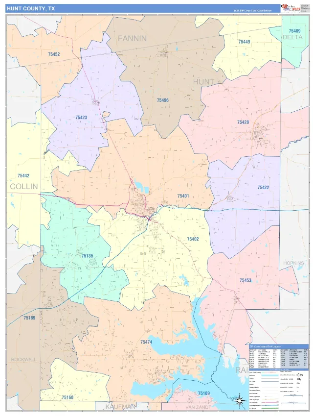 Hunt County, TX ZIP Code Wall Map, ColorCast style