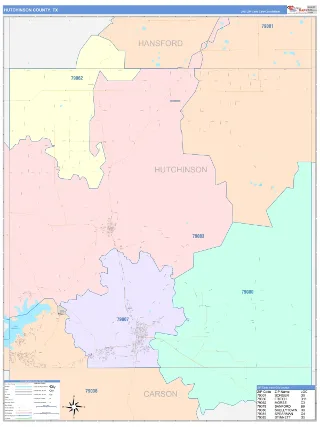 Hutchinson County, TX ColorCast style ZIP Code wall map