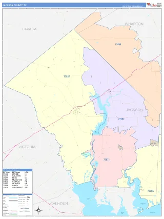 Jackson County, TX ColorCast style ZIP Code wall map