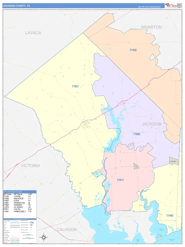 Jackson County, TX ZIP Code Wall Map, ColorCast style