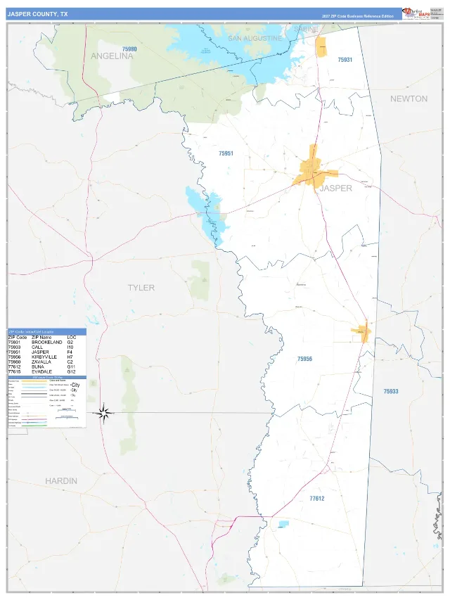 Jasper County, TX ZIP Code Wall Map, Business Reference style