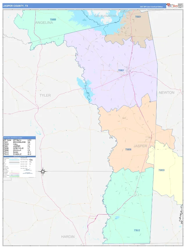 Jasper County, TX ZIP Code Wall Map, ColorCast style