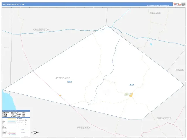 Jeff Davis County, TX ZIP Code Wall Map, Business Reference style