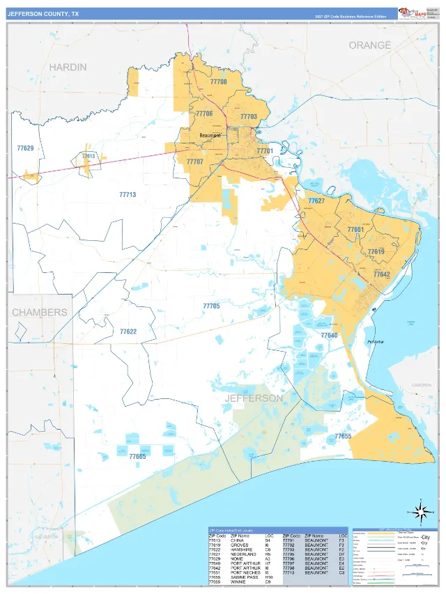 Jefferson County, TX ZIP Code Wall Map, Business Reference style