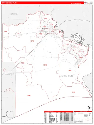 Jefferson County, TX RedLine style ZIP Code wall map