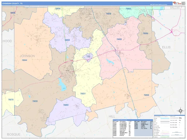 Johnson County, TX ZIP Code Wall Map, ColorCast style