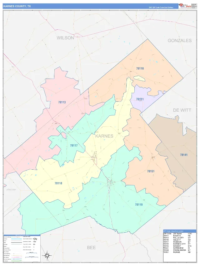Karnes County, TX ZIP Code Wall Map, ColorCast style