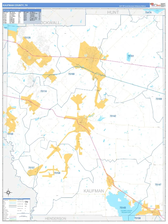 Kaufman County, TX ZIP Code Wall Map, Business Reference style