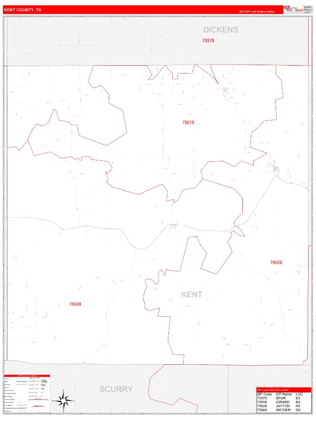 Kent County, TX ZIP Code Wall Map, RedLine style