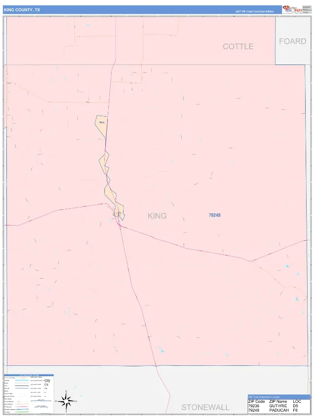 King County, TX ZIP Code Wall Map, ColorCast style
