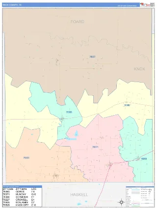 Knox County, TX ColorCast style ZIP Code wall map