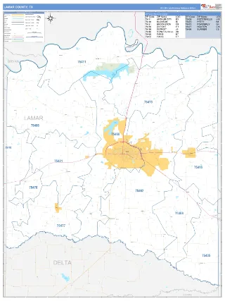 Lamar County, TX Business Reference style ZIP Code wall map
