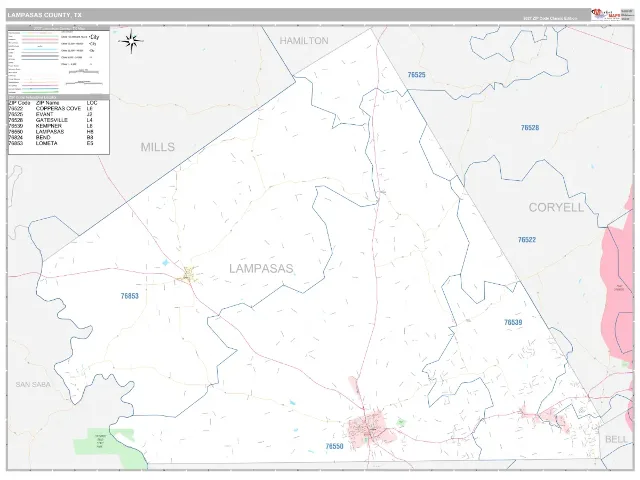 Lampasas County, TX ZIP Code Wall Map, Classic style