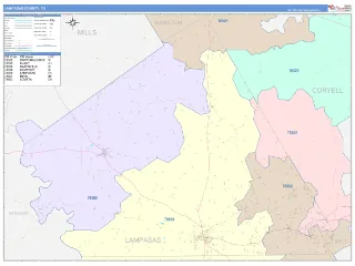 Lampasas County, TX ColorCast style ZIP Code wall map