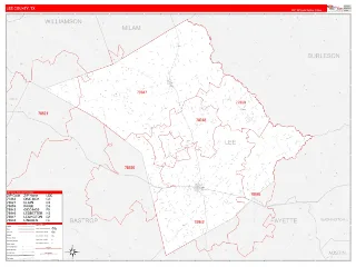 Lee County, TX RedLine style ZIP Code wall map