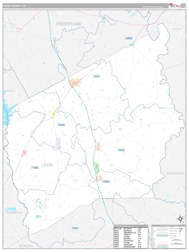 Leon County, TX ZIP Code Wall Map, Classic style