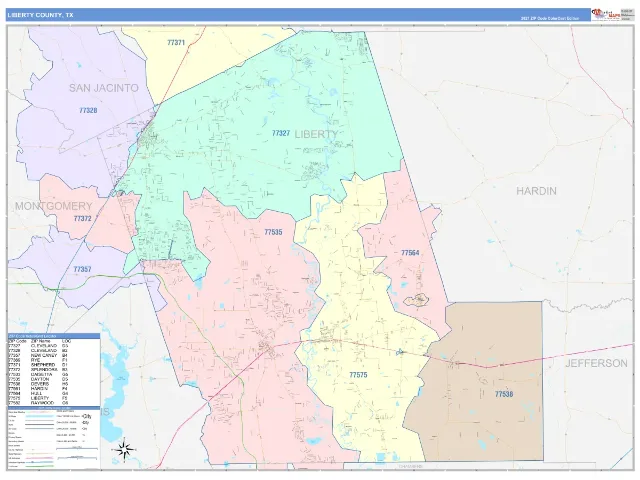 Liberty County, TX ZIP Code Wall Map, ColorCast style