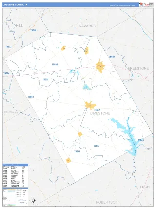 Limestone County, TX Business Reference style ZIP Code wall map