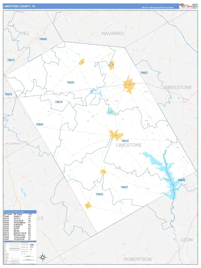 Limestone County, TX ZIP Code Wall Map, Business Reference style