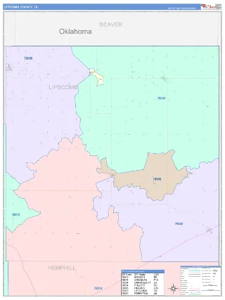 Lipscomb County, TX ColorCast style ZIP Code wall map