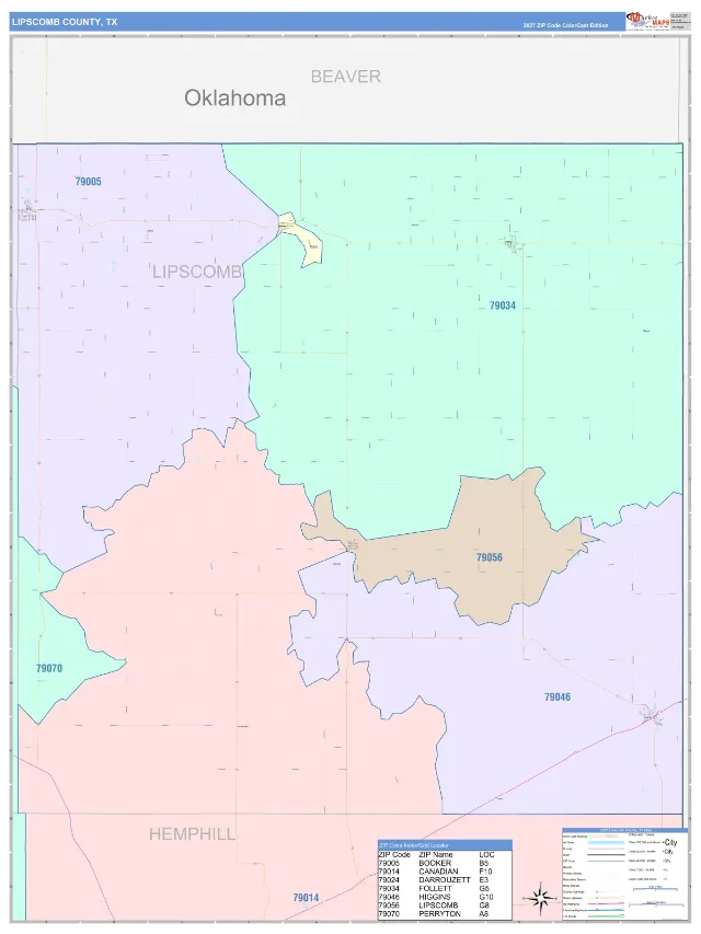 Lipscomb County, TX ZIP Code Wall Map, ColorCast style