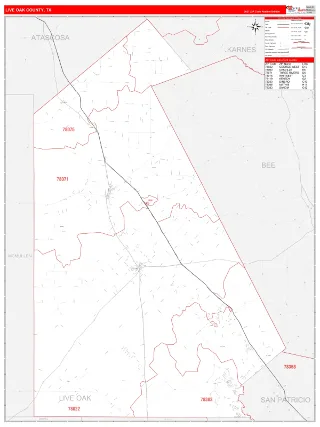 Live Oak County, TX RedLine style ZIP Code wall map