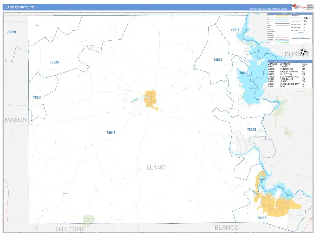 Llano County, TX ZIP Code Wall Map, Business Reference style