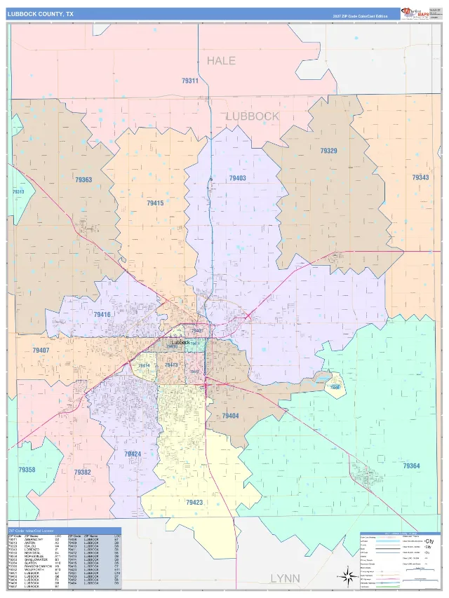 Lubbock County, TX ZIP Code Wall Map, ColorCast style
