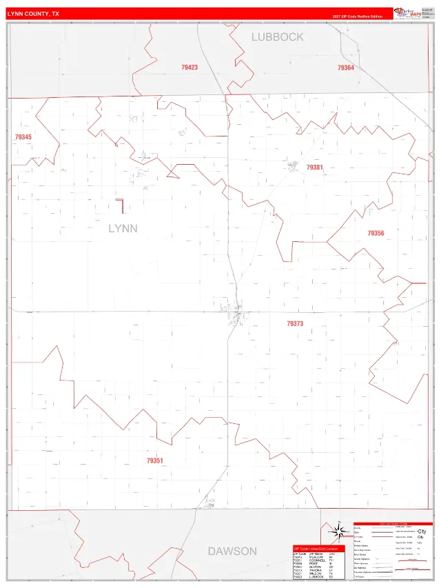 Lynn County, TX ZIP Code Wall Map, RedLine style