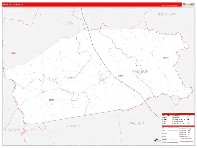 Madison County, TX ZIP Code Wall Map, RedLine style