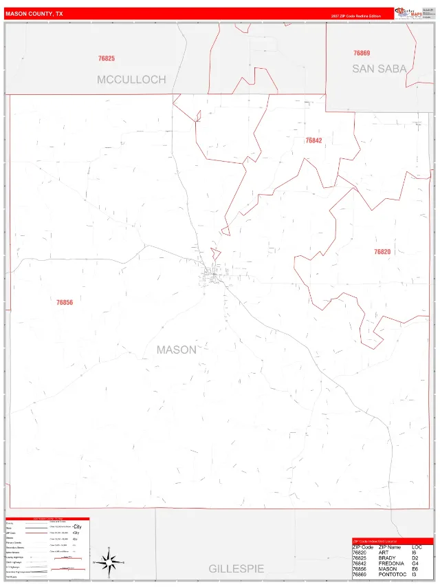 Mason County, TX ZIP Code Wall Map, RedLine style