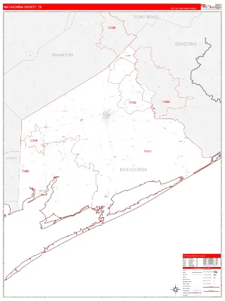 Matagorda County, TX RedLine style ZIP Code wall map