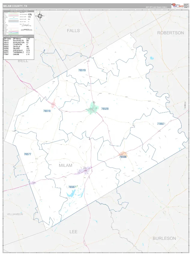 Milam County, TX ZIP Code Wall Map, Classic style