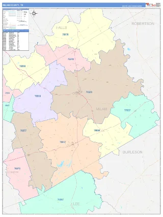 Milam County, TX ColorCast style ZIP Code wall map